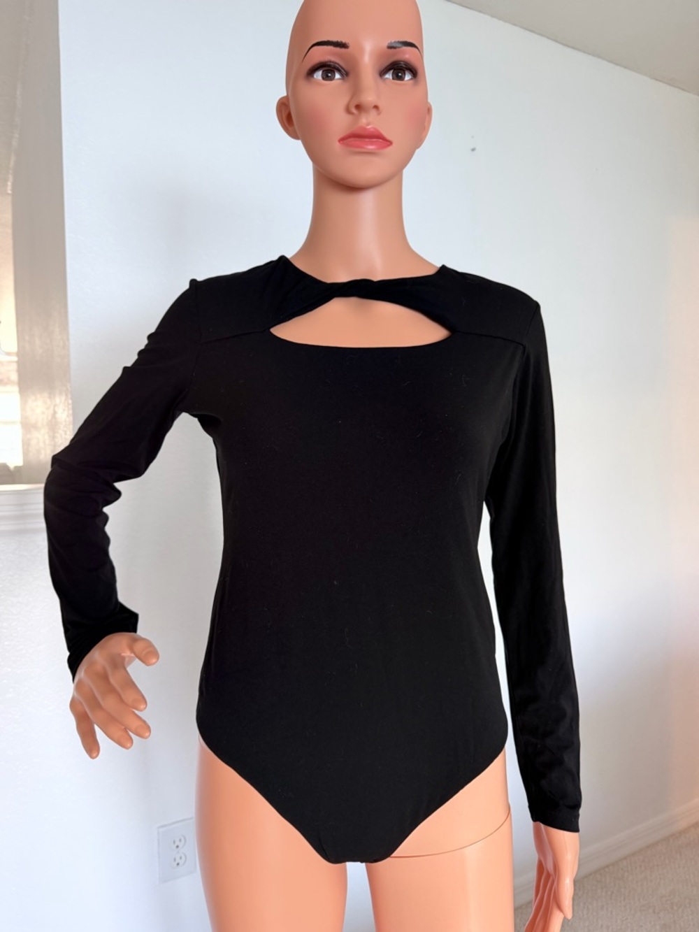 Black Long-Sleeve Cutout Bodysuit with Keyhole Detail